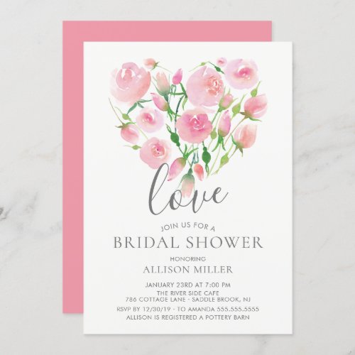 Love Watercolor Pink Floral Heart Bridal Shower Invitation