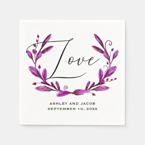 Love Watercolor purple floral script wedding Napkins