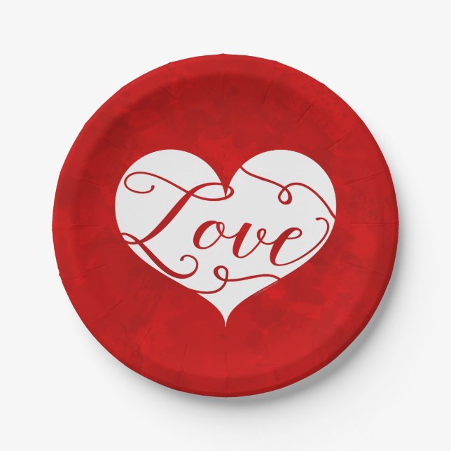 Love Watercolor Red Heart Swirl Valentine's Day Paper Plates (Front)