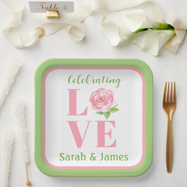 LOVE Watercolor Rose NAME Bridal Green Paper Plates (Wedding)