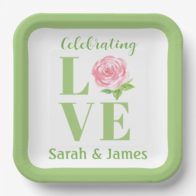 LOVE Watercolor Rose NAME Bridal  Paper Plates (Front)