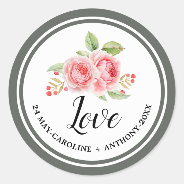 Love. Watercolor Roses Wedding  Classic Round Sticker (Front)