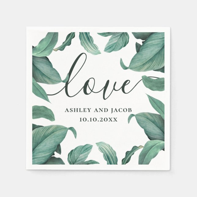 Love. Watercolor tropical greenery script wedding Napkins (Front)