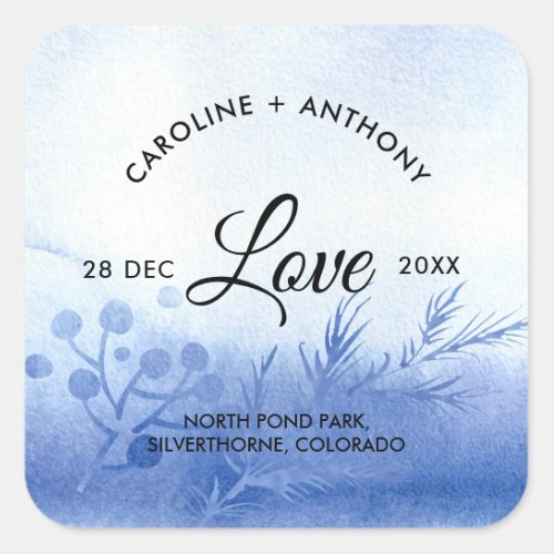 Love Watercolor Winter Branches Wedding Square Sticker