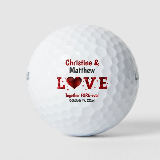 Love Wedding Favor Red Heart Stars Golf Balls (Front)