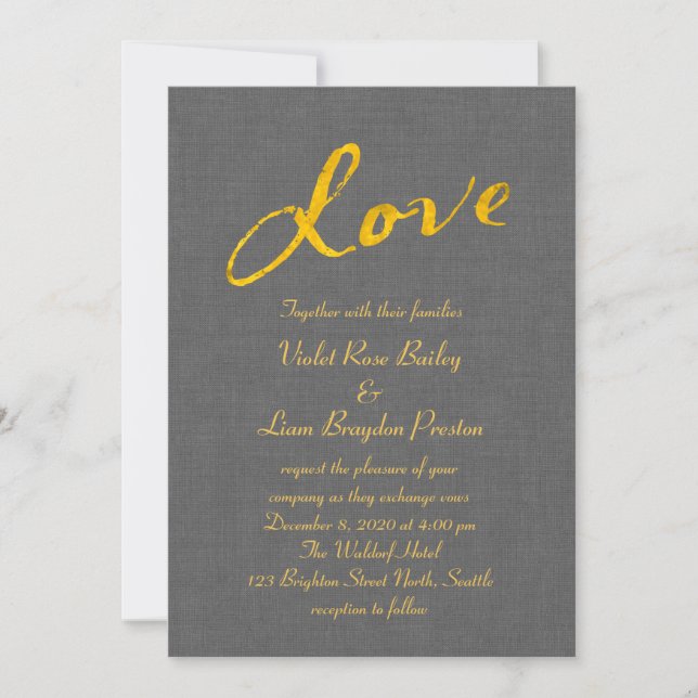 Love Wedding Invitation on Gray Linen (Front)