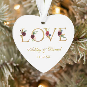 Love Wedding Names Date Burgundy Floral Gold Ornament