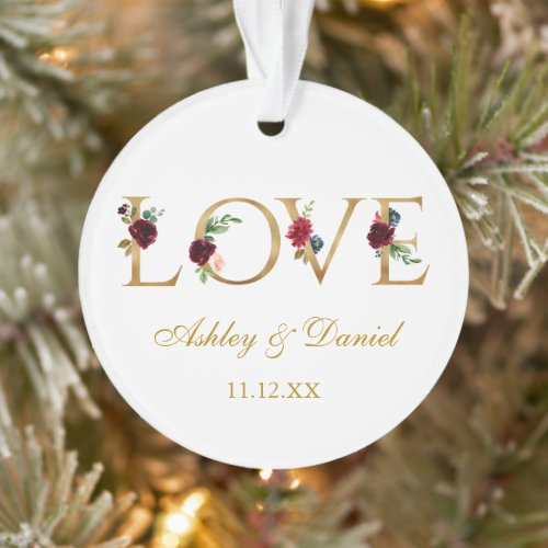 Love Wedding Names Date Gold Burgundy Floral Ornament