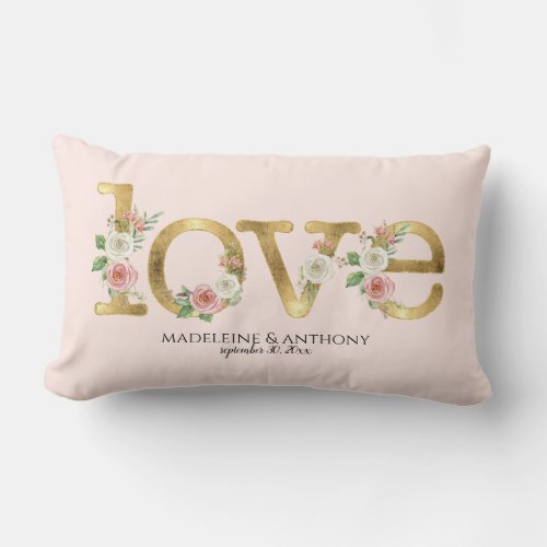 Love Wedding Personalized Names Watercolor Floral Lumbar Pillow