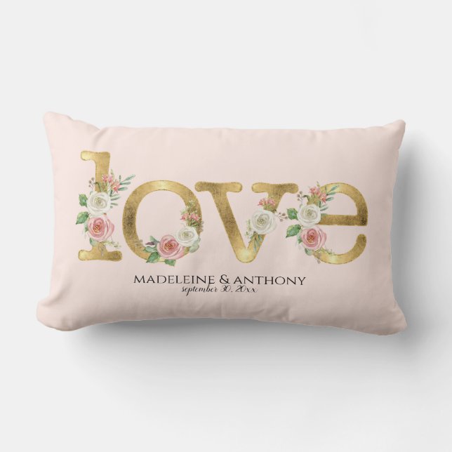 Love Wedding Personalized Names Watercolor Floral Lumbar Pillow (Front)