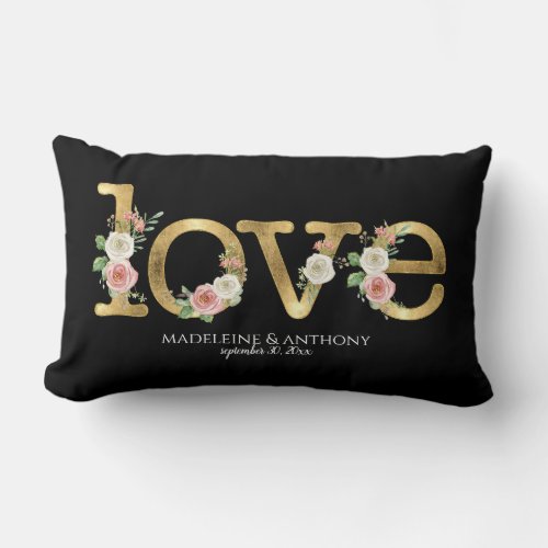 Love Wedding Watercolor Floral Black Gold Names Lumbar Pillow