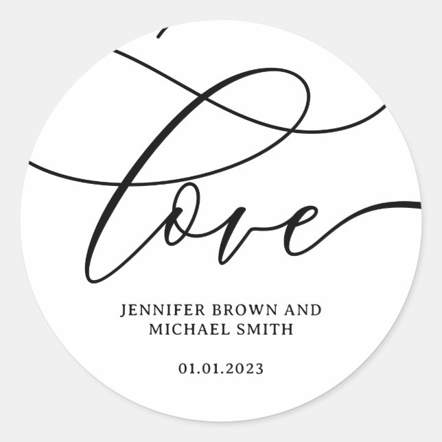 Love Weds Signature Name Date Classic Round Sticker (Front)
