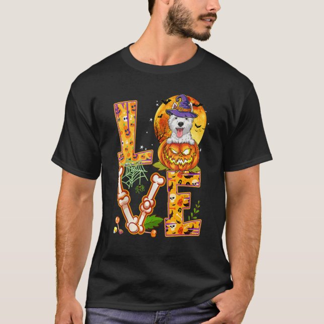 Love Westie Witch Pumpkin Scary Halloween Dog T-Shirt (Front)