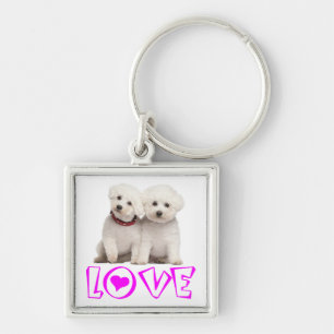 Love White Bichon Frise Puppy Dog Keychain