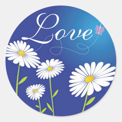 Love White Daisies Flowers  Blue Butterfly Classic Round Sticker