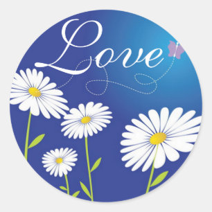 Love White Daisies Flowers & Blue Butterfly Classic Round Sticker
