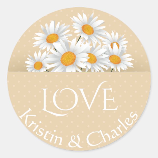 Love White Daisies Tan Polka Dot Personalized Classic Round Sticker (Front)