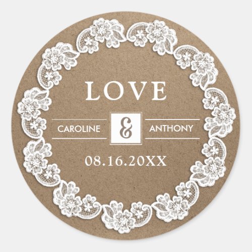 Love White Lace  Kraft Paper Wedding Classic Round Sticker