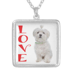 Love White Maltese Puppy Dog Pendant Necklace