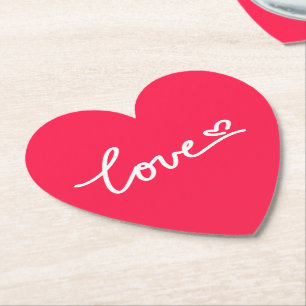 Love white text on pink  paper coaster