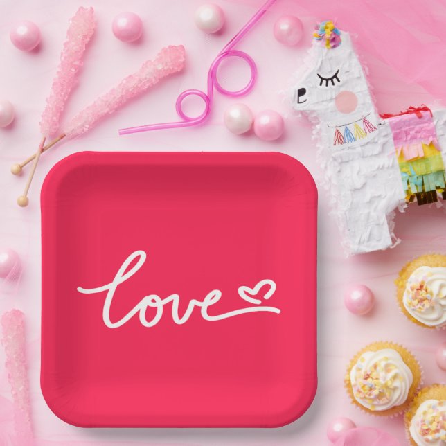 Love white text on pink  paper plates (Party)