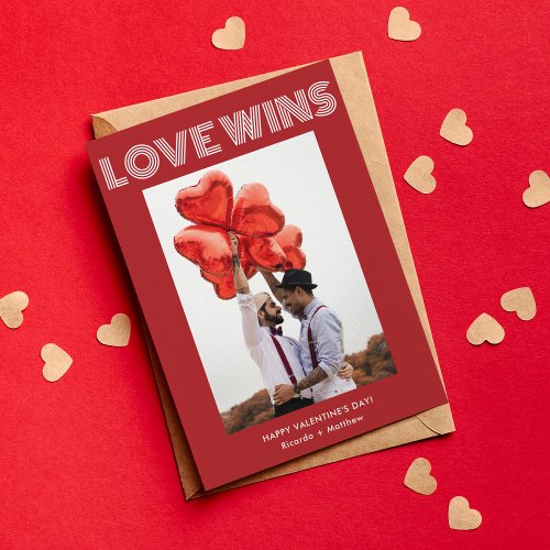 Love Wins Modern Red Typography Photo Valentines Holiday Card