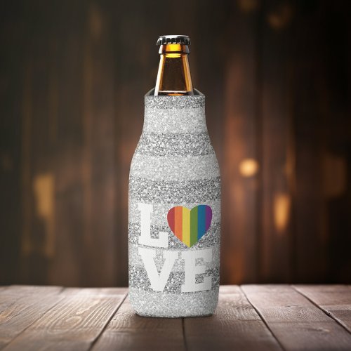 Love with a bright rainbow heart Silver Glitter Bottle Cooler