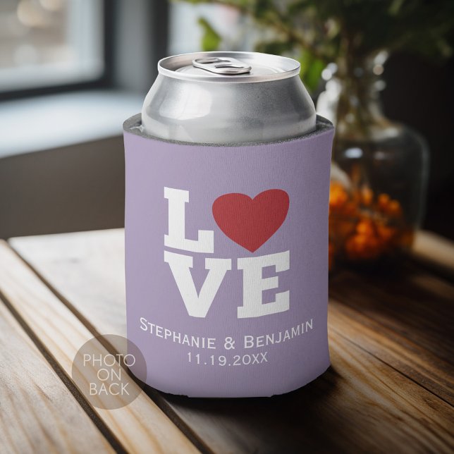 Love with a bright red heart Personalized Wedding Can Cooler (Personalized Can Cooler for wedding or anniversary party)