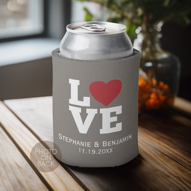 Love with a bright red heart Personalized Wedding Can Cooler (Personalized Can Cooler - Add Your name for a great wedding anniversary party favor)