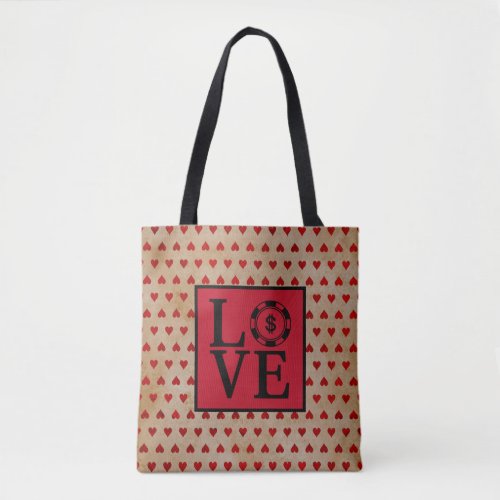 LOVE with a Poker Chip and Hearts Tote Bag