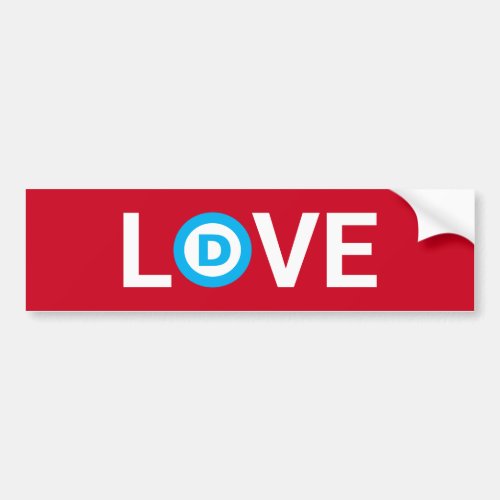 Love with democratic logo in turquoise on red bumper sticker