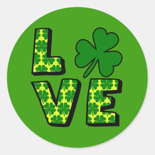 LOVE with Green Shamrocks and Yellow Classic Round Sticker