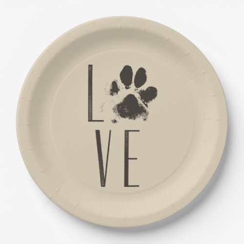 Love with Pet Paw Print Brown Grunge Typography Paper Plates