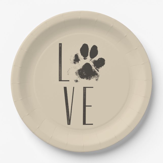 Love with Pet Paw Print Brown Grunge Typography Paper Plates (Front)