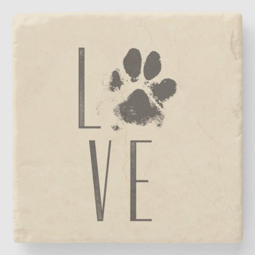 Love with Pet Paw Print Brown Grunge Typography Stone Coaster