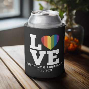 Love With Rainbow Heart Wedding Names Dates Can Cooler by MyRazzleDazzle at Zazzle