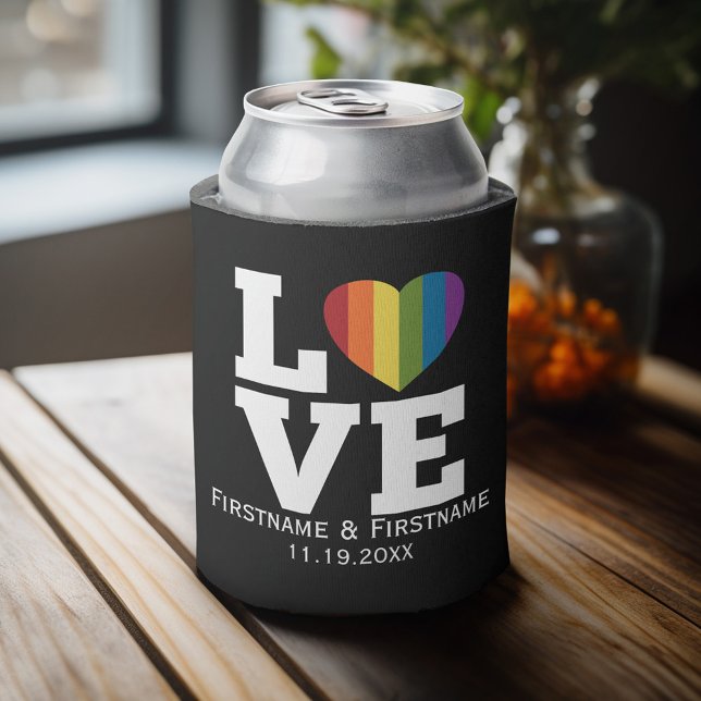Love with Rainbow Heart Wedding Names Dates Can Cooler (Personalized Can Cooler - add Your Name or Other Custom Text)