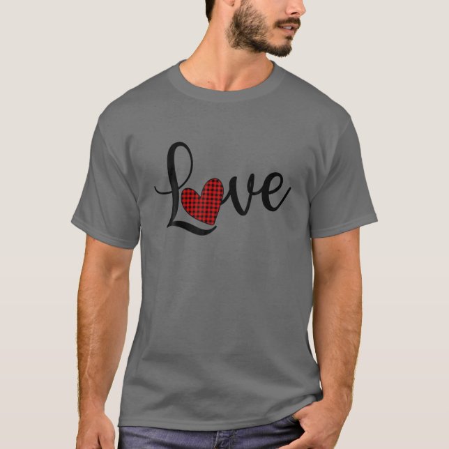 Love With Red Plaid Heart In Place "O" Cute Valent T-Shirt (Front)