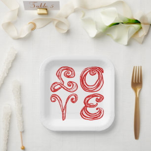 LOVE Word Art Fabric Font Red Letters Paper Plates