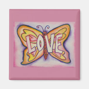Love Word Art Pink Butterfly Custom Fridge Magnet