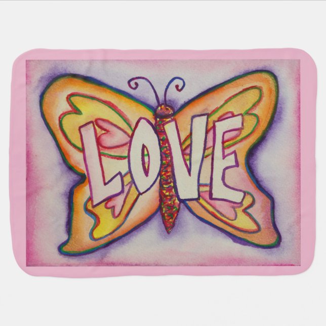 Love Word Art Pink Butterfly Wings Soft Blanket (Horizontal)