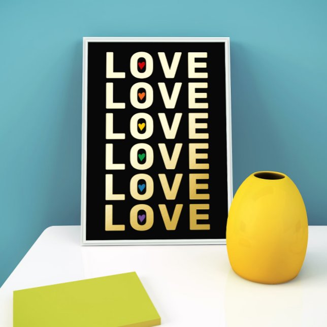 "LOVE" word, hearts in rainbow colors black gold Foil Prints (Creator Uploaded)