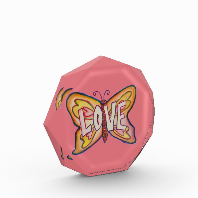 Love Word Pink Butterfly Art Award Paperweight (Left)