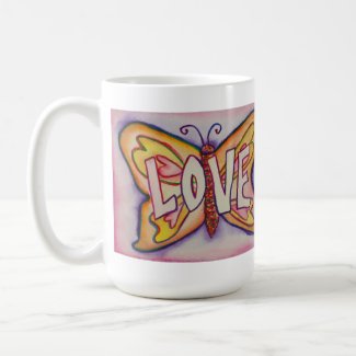 Love Word Pink Butterfly Art Coffee Cup or Mug