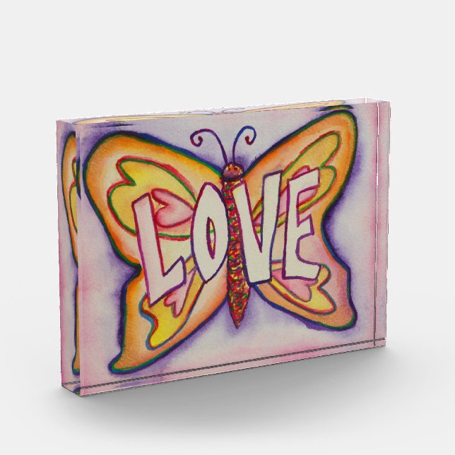 Love Word Pink Butterfly Art Custom Paperweight Award (Left)
