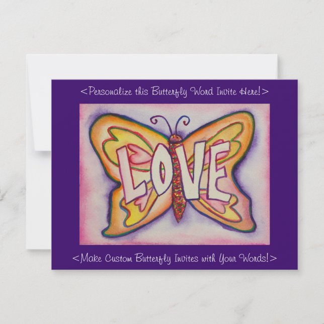 Love Word Pink Butterfly Custom Art Invitations (Front)