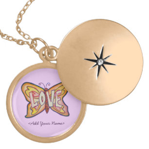 Love Word Pink Butterfly Custom Name Lockets