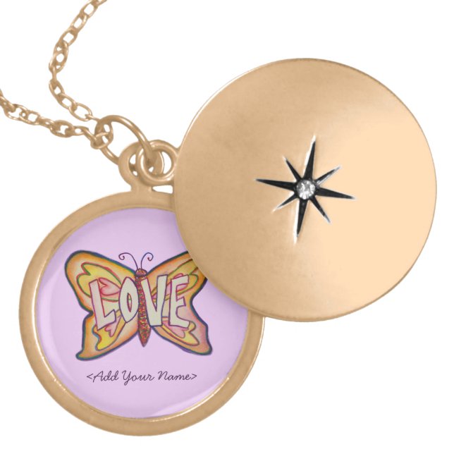 Love Word Pink Butterfly Custom Name Lockets (Front)