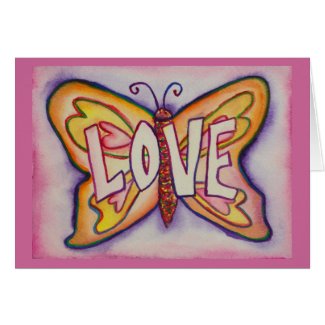 Love Word Pink Butterfly Greeting or Note Cards