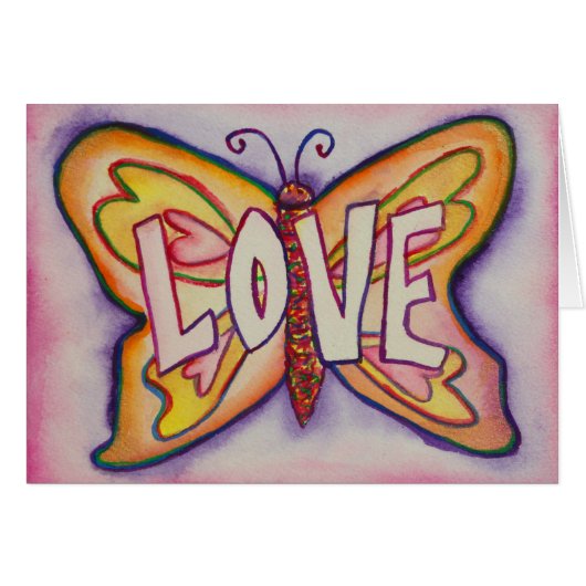 Love Word Pink Butterfly Greeting or Note Cards (Front Horizontal)